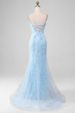 Blue Beaded Mermaid Spaghetti Straps Plus Size Long Prom Dress with Lace Up Back