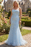 Sparkly Light Blue Beaded Mermaid Long Prom Dress with Lace Up Back