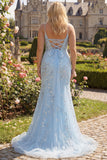 Blue Beaded Mermaid Spaghetti Straps Plus Size Long Prom Dress with Lace Up Back
