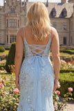 Blue Beaded Mermaid Spaghetti Straps Plus Size Long Prom Dress with Lace Up Back