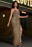 Sparkly Mermaid Golden Long Fringed Prom Dress with Slit