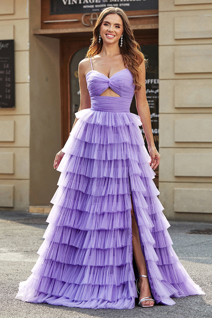 Zapaka Women Purple Tulle A-Line Tiered Long Prom Dress with Slit