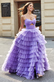 Purple Tulle A-Line Tiered Long Prom Dress with Slit