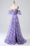 Printed Lavender Off the Shoulder A line Prom Dress with Removable Sleeves