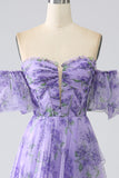 Printed Lavender Off the Shoulder A line Prom Dress with Removable Sleeves