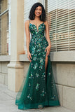 Stunning Mermaid Spaghetti Straps Dark Green Long Prom Dress with Appliques