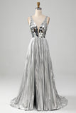 Sparkly A-Line V-Neck Silver Mirror Prom Dress with Slit