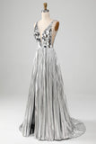 Stunning A Line V-Neck Golden Long Prom Dress with Split Front