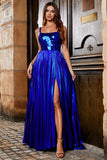 Sparkly A Line Royal Blue Long Prom Dress with Criss Cross Back