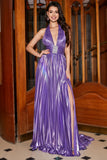 Purple Pleated Metallic Glitter Long Prom Dress with Slit