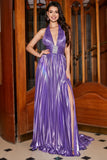 Glitter Purple Pleated Metallic Backless Long Prom Dress with Slit