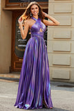 Stunning A Line Halter Neck Purple Long Prom Dress with Keyhole Split Front