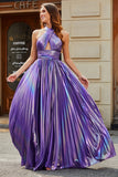 Stunning A Line Halter Neck Purple Long Prom Dress with Keyhole Split Front