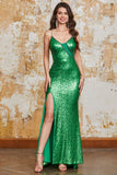 Sparkly Mermaid Green Sequins Long Prom Dress with Split Front