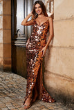 Saparkly Mermaid Spaghetti Straps Golden Sequins Long Prom Dress with Split Front