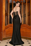 Black Mermaid Spaghetti Straps Corset Formal Dress With Appliques