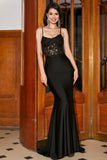 Black Mermaid Spaghetti Straps Corset Formal Dress With Appliques