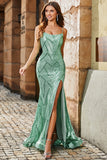 Trendy Mermaid Spaghetti Straps Green Long Prom Dress with Criss Cross Back