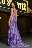 Sparkly Dark Purple Mermaid V Neck Sequins Long Prom Dress with Open Back