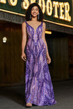 Sparkly Mermaid V Neck Dark Purple Sequins Long Prom Dress with Open Back