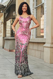 Stunning Mermaid Spaghetti Straps Fuchsia Sequins Long Prom Dress with Backless