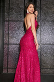 Hot Pink Mermaid Halter Sequin Prom Dress With Slit