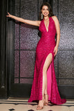 Hot Pink Mermaid Halter Sequin Prom Dress With Slit