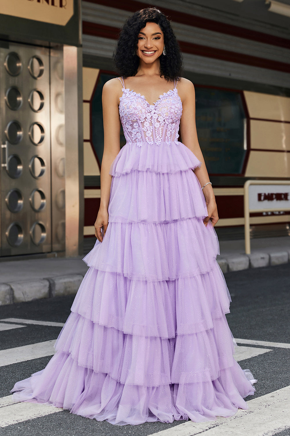 ZAPAKA Women Lilac Tulle Tiered Princess Corset Prom Dress with