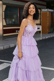 Purple Princess A Line Spaghetti Straps Corset Prom Dress with Appliques Ruffles