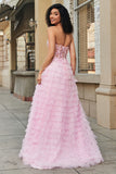 Pink A-Line Strapless Tiered Long Corset Prom Dress