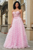 Pink A-Line Strapless Tiered Long Corset Prom Dress