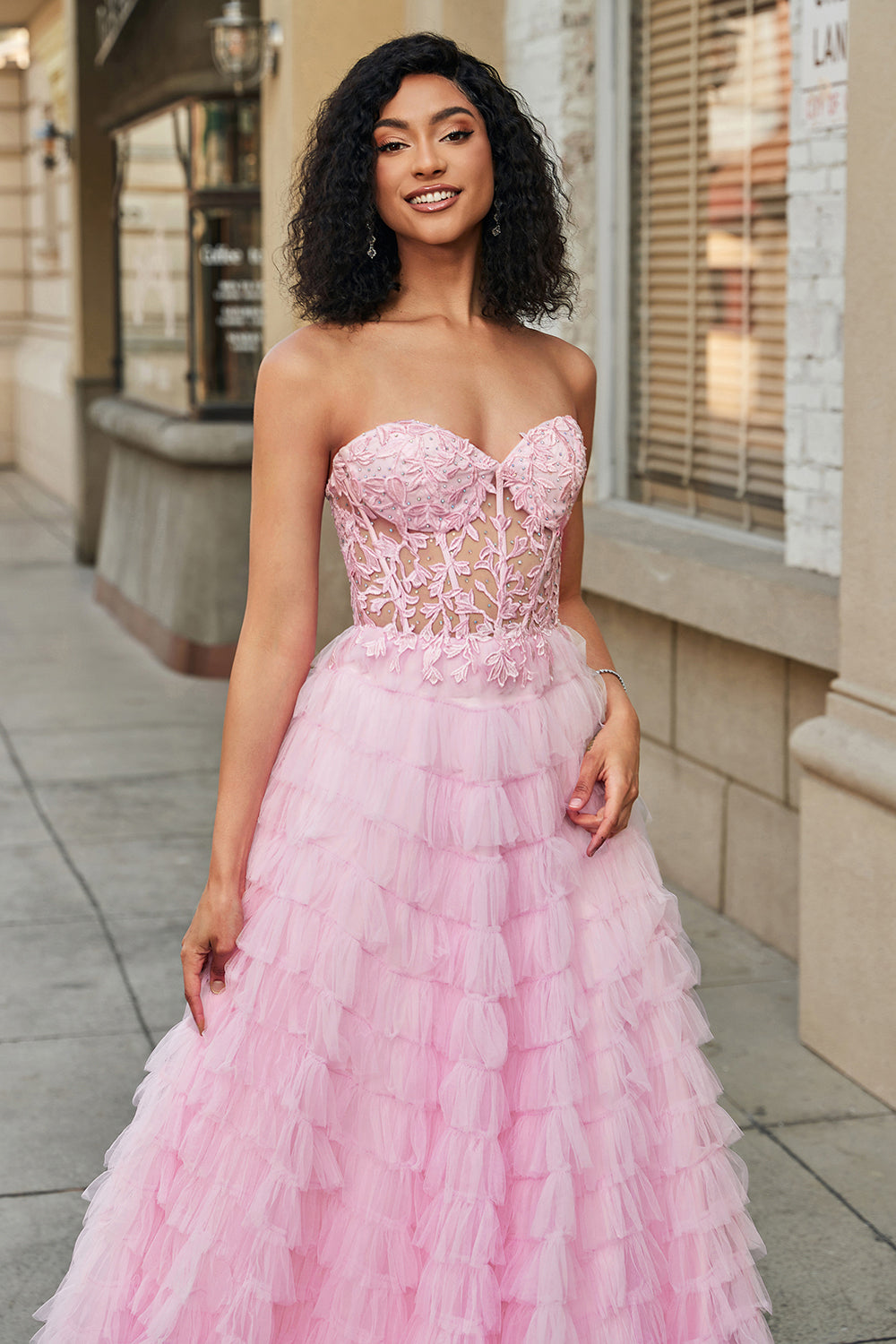 Zapaka Women Pink A-Line Strapless Tiered Long Corset Prom Dress with Lace, Pink / US14 Zapaka Women Pink A-Line Strapless Tiered Long Corset Prom Dress with Lace, Pink / US14