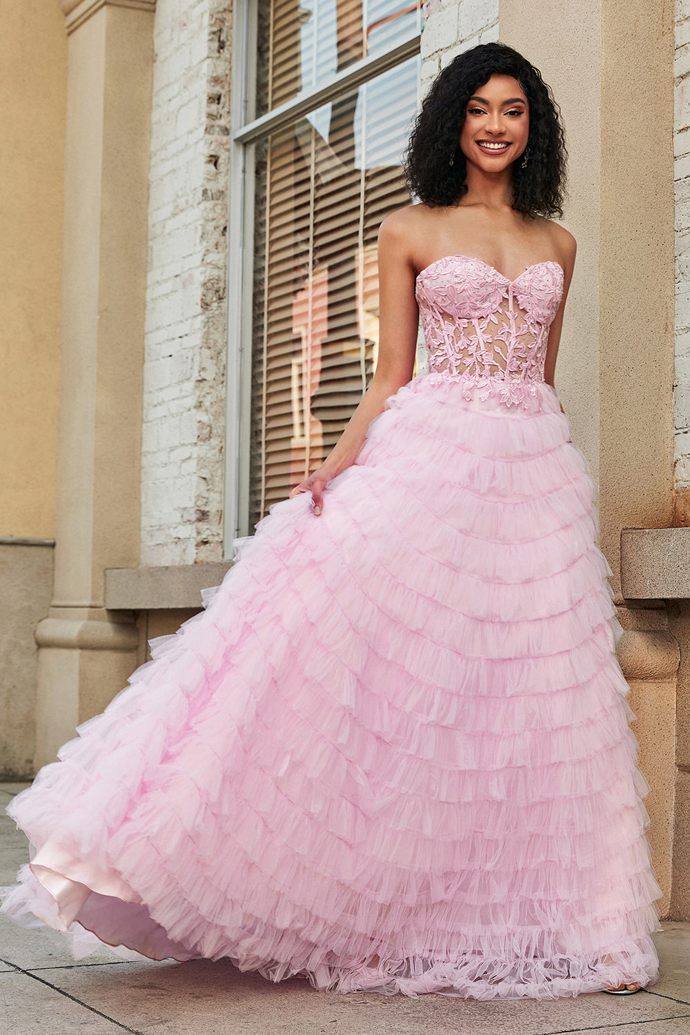 pink ball gown dress Zapaka Women Pink A-Line Strapless Tiered Long Corset Prom Dress with Lace, Pink / US14