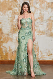 Mermaid Spaghetti Straps Green Corset Prom Dress with Appliques