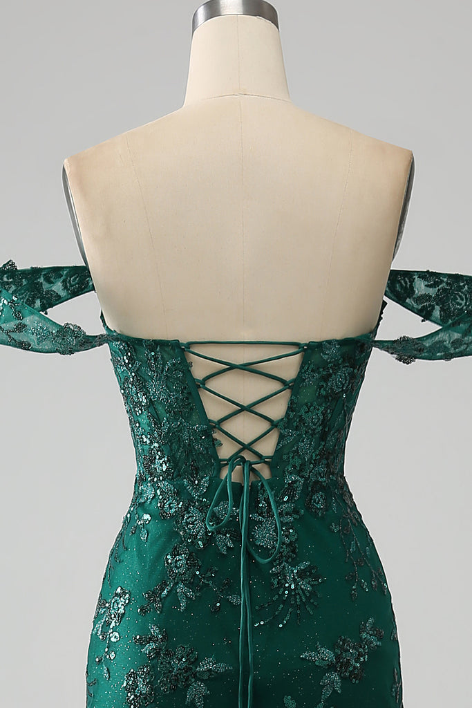 Unique Green Off Shoulder Long Sleeves Tulle Lace Appliques Evening Dress,Formal Party Prom Dress Y8390 main image 0
