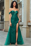 Stylish Mermaid Off the Shoulder Dark Green Corset Prom Dress with Split Front