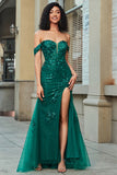 Mermaid Off The Shoulder Dark Green Prom Dress with Appliques