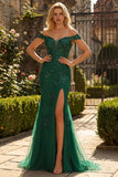Mermaid Off The Shoulder Dark Green Prom Dress with Appliques