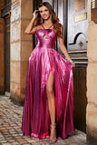 Hot Pink A-Line Spaghetti Straps Pleated Sparkly Prom Dress with Slit