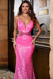Hot Pink Glitter Mermaid Prom Dress with Beading Waist