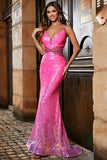 Hot Pink Glitter Mermaid Prom Dress with Beading Waist