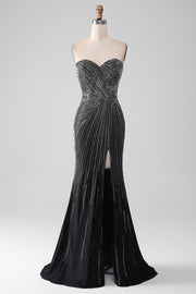 Sparkly Black Strapless Beaded Mermaid Prom Dress with Slit