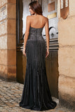 Sparkly Black Strapless Beaded Mermaid Prom Dress with Slit