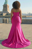 Fuchsia Strapless Satin Mermaid Corset Long PLus Size Prom Dress with Slit