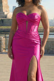 Fuchsia Strapless Satin Mermaid Corset Long PLus Size Prom Dress with Slit