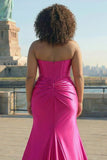 Fuchsia Strapless Satin Mermaid Corset Long PLus Size Prom Dress with Slit