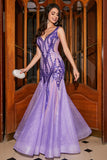 Stunning Mermaid V Neck Purple Sequins Long Prom Dress with Open Back