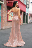 Rose Gold Mermaid Beaded Ruched Sequin Corset Prom Dress With Side Slit