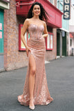 Mermaid Rose Gold Beaded Ruched Sequin Corset Prom Dress with Side Slit