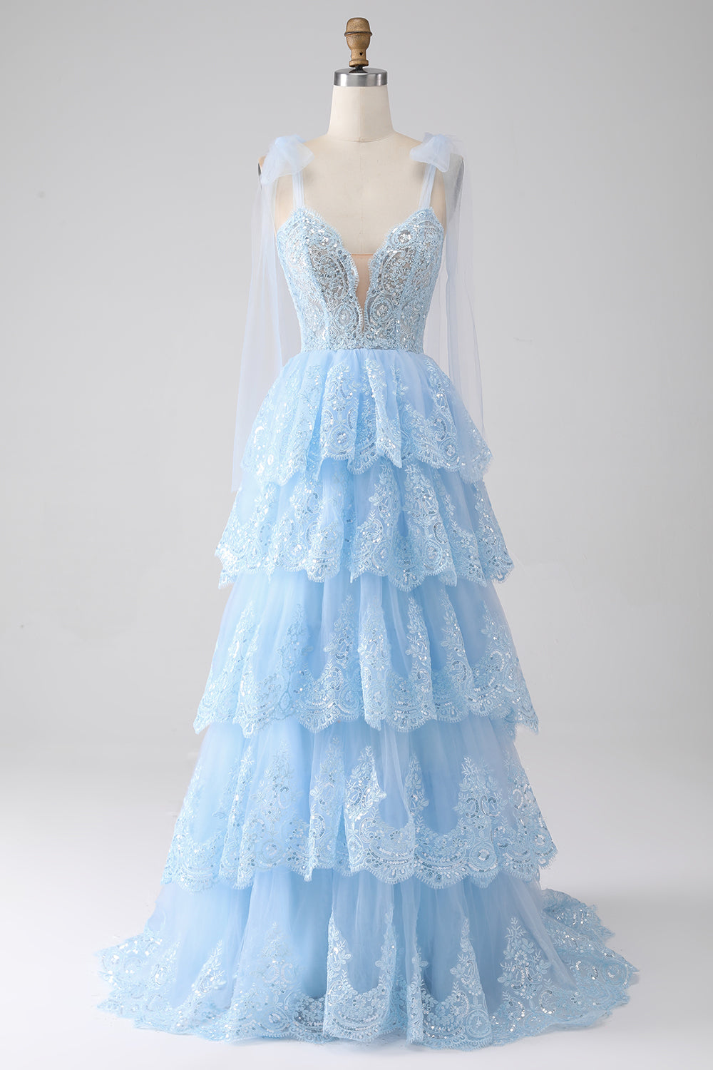 ZAPAKA Women Light Blue Tiered Tulle Prom Dress Sweetheart Bow Tie Straps Sequin Evening Dress with Appliques ZAPAKA Women Light Blue Tiered Tulle Prom Dress Sweetheart Bow Tie Straps Sequin Evening Dress with Appliques